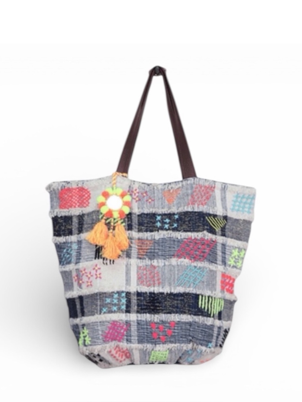 Colorful Mixed Denim Patchwork Bucket Bag With Embroidery & Fringe Tassel NWT